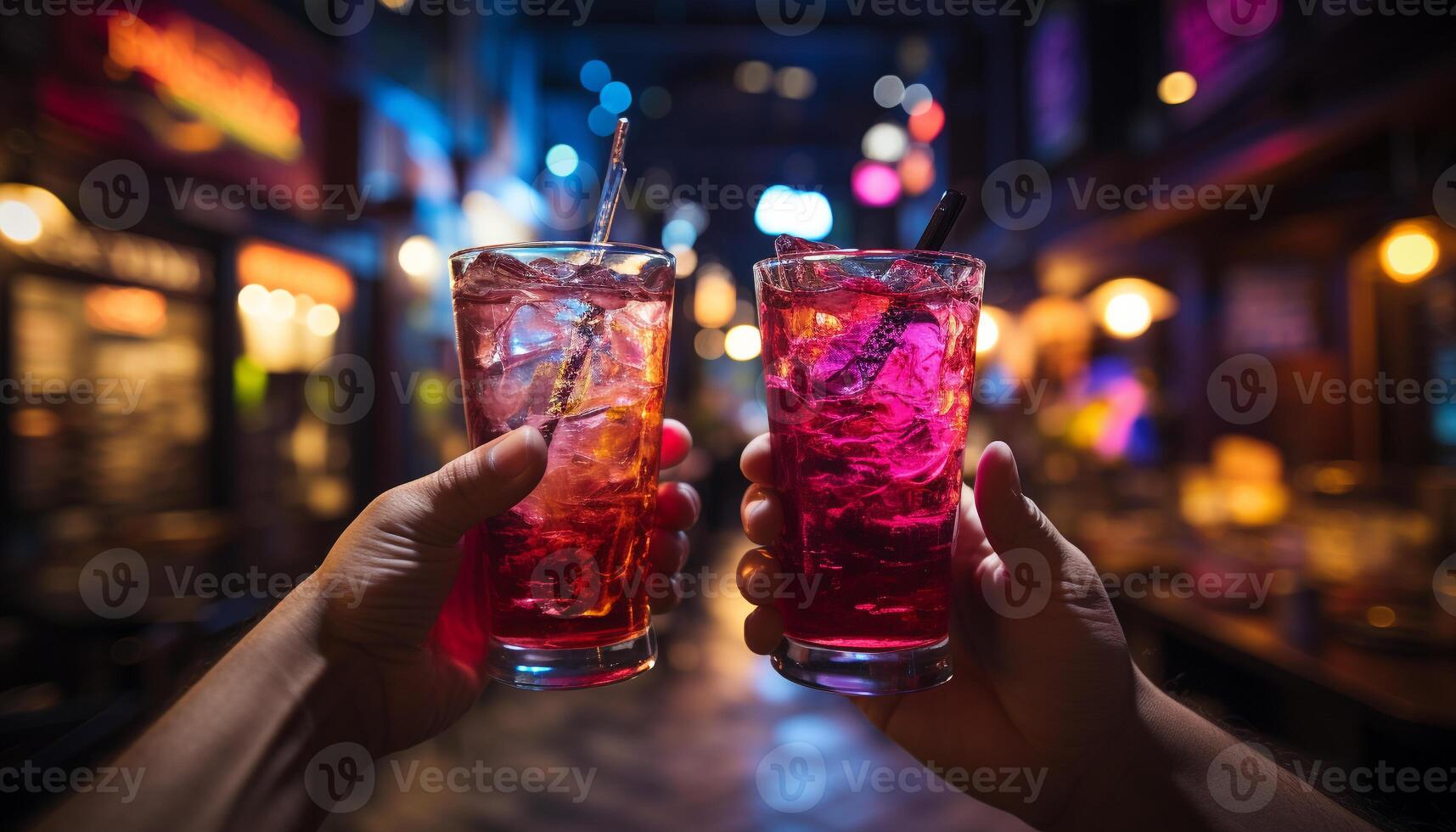 Men and women drinking cocktails at a lively bar counter generated by AI photo