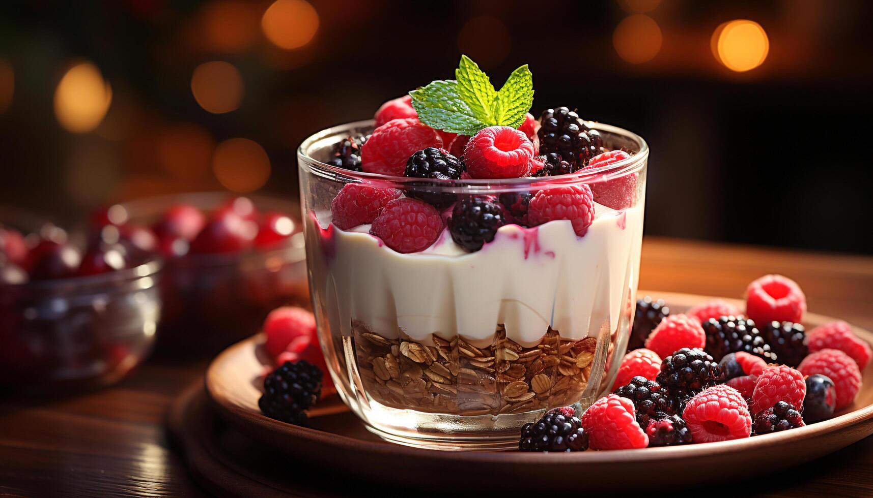 Fresh berry parfait with yogurt, granola, and mint leaf garnish generated by AI photo