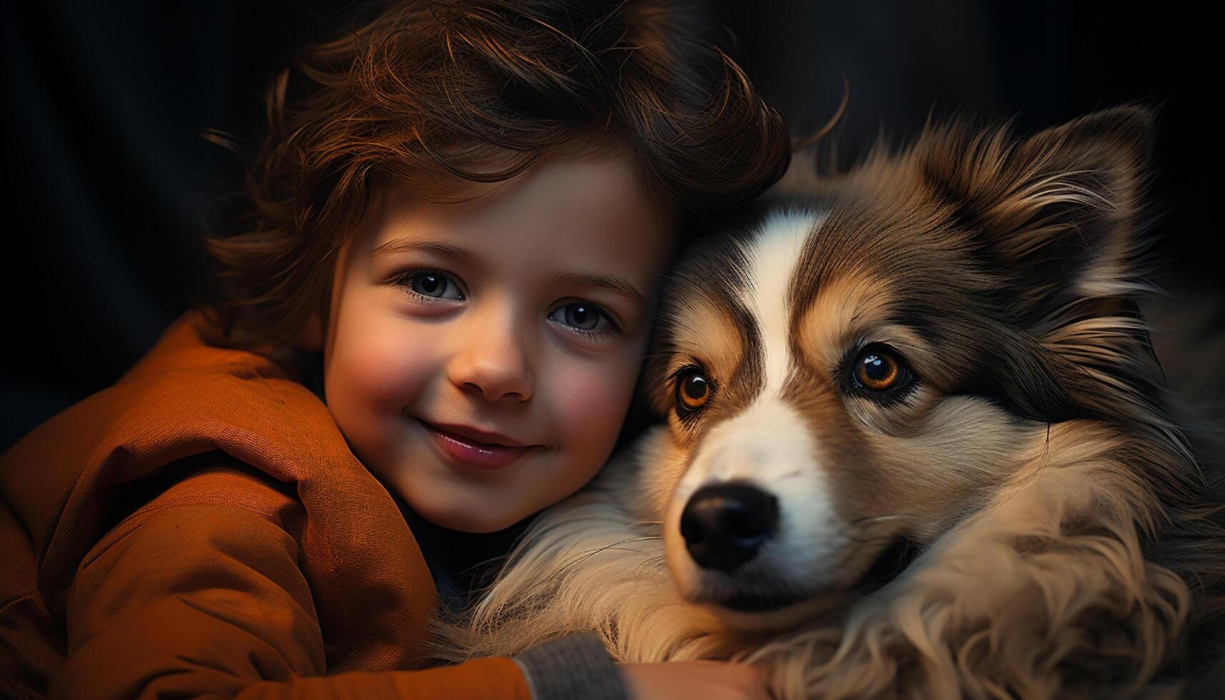 A cute dog and child embrace, showing love and friendship generated by AI photo