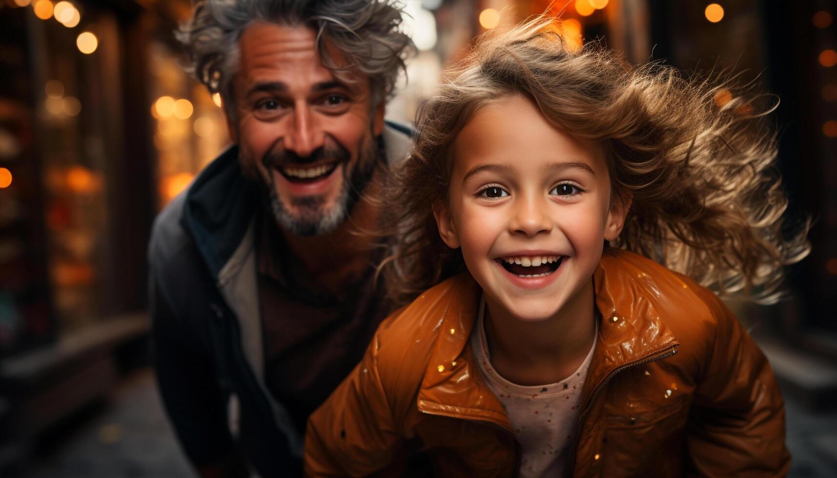 Smiling father and daughter enjoying winter, love and togetherness generated by AI photo