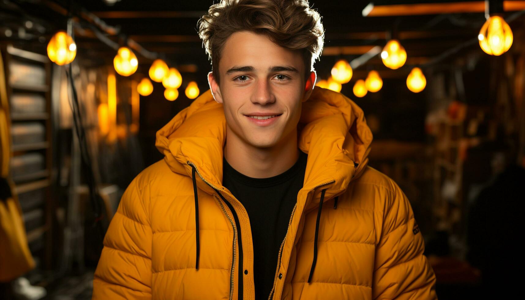 Young adult man smiling, looking at camera, wearing casual winter clothing generated by AI photo