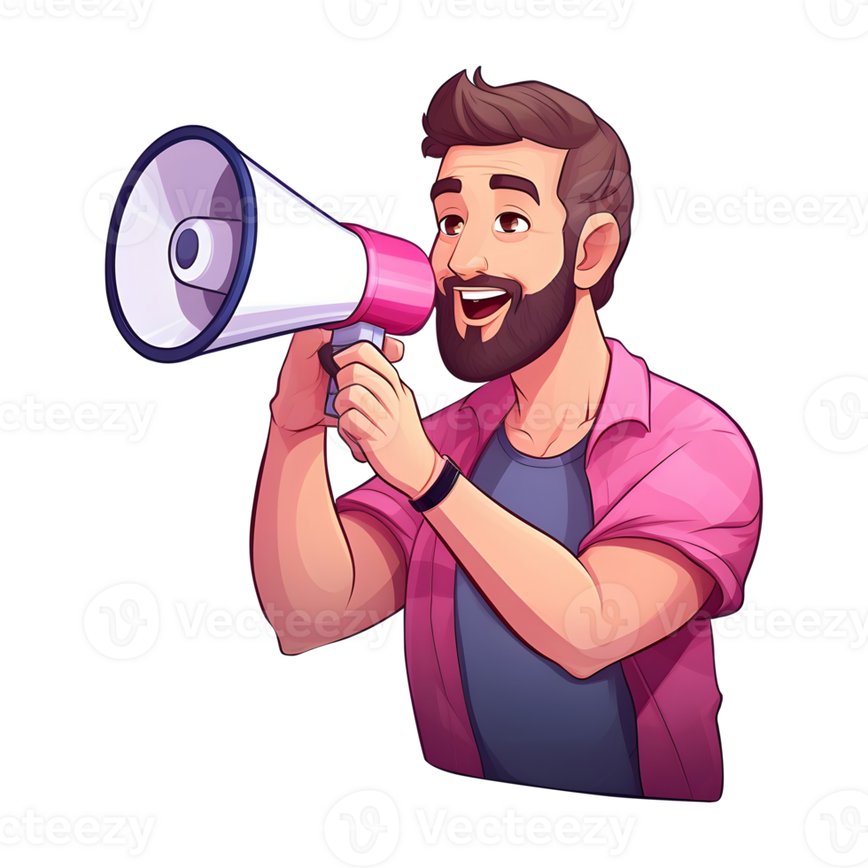 Hands holding smartphone with a man shouting in loud speaker. Influencer marketing, social media or network promotion. Blogger promotion services and goods for her followers online. AI Generative. png