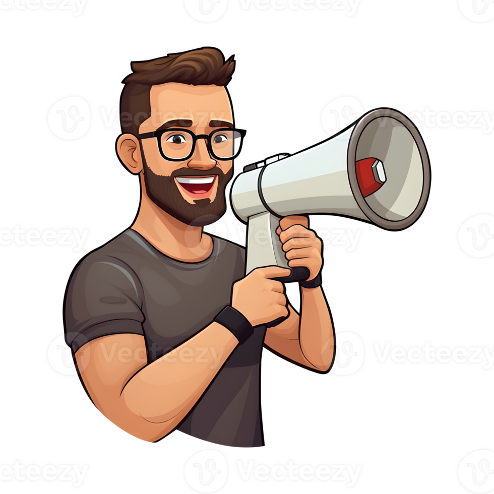 Hands holding smartphone with a man shouting in loud speaker. Influencer marketing, social media or network promotion. Blogger promotion services and goods for her followers online. AI Generative. png