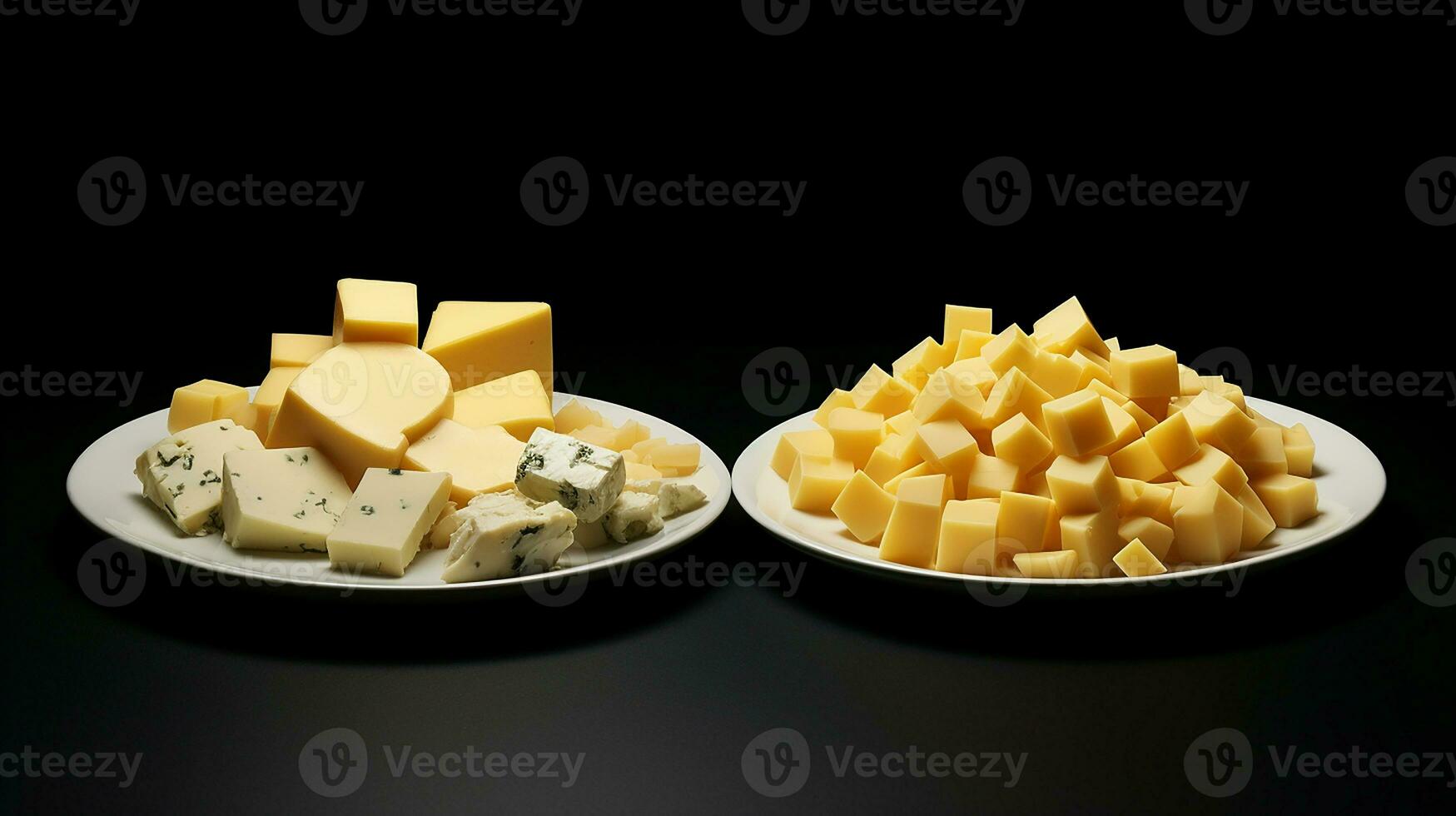 Pile of cheese on two plates isolated on black background. Generative AI photo