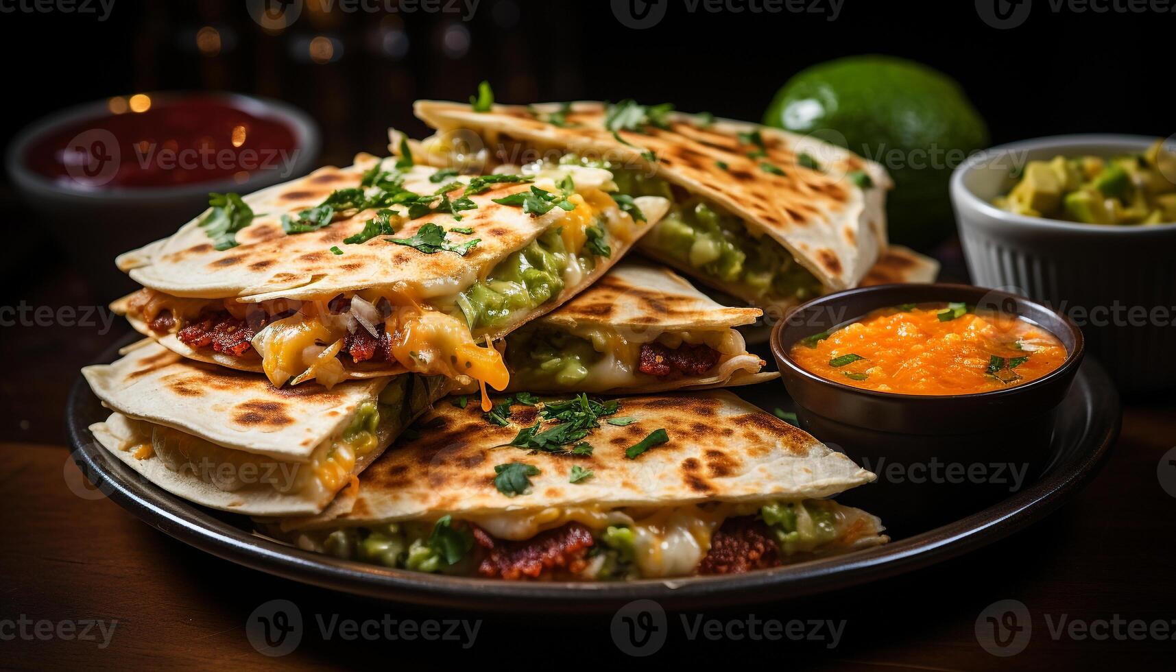 Taco, guacamole, meat, tortilla, cilantro, beef, plate, vegetable, sauce, grilled generated by AI photo