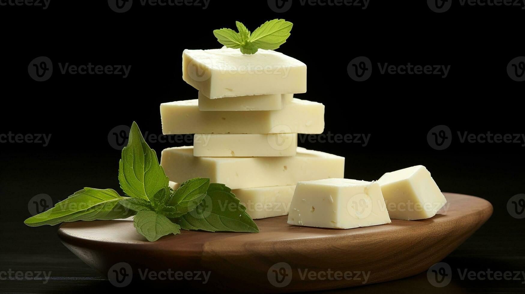 A pile of cheese on white plate isolated on black background. Generative AI photo