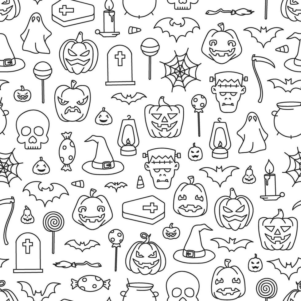 Hand drawn Halloween themed seamless pattern on transparent background vector