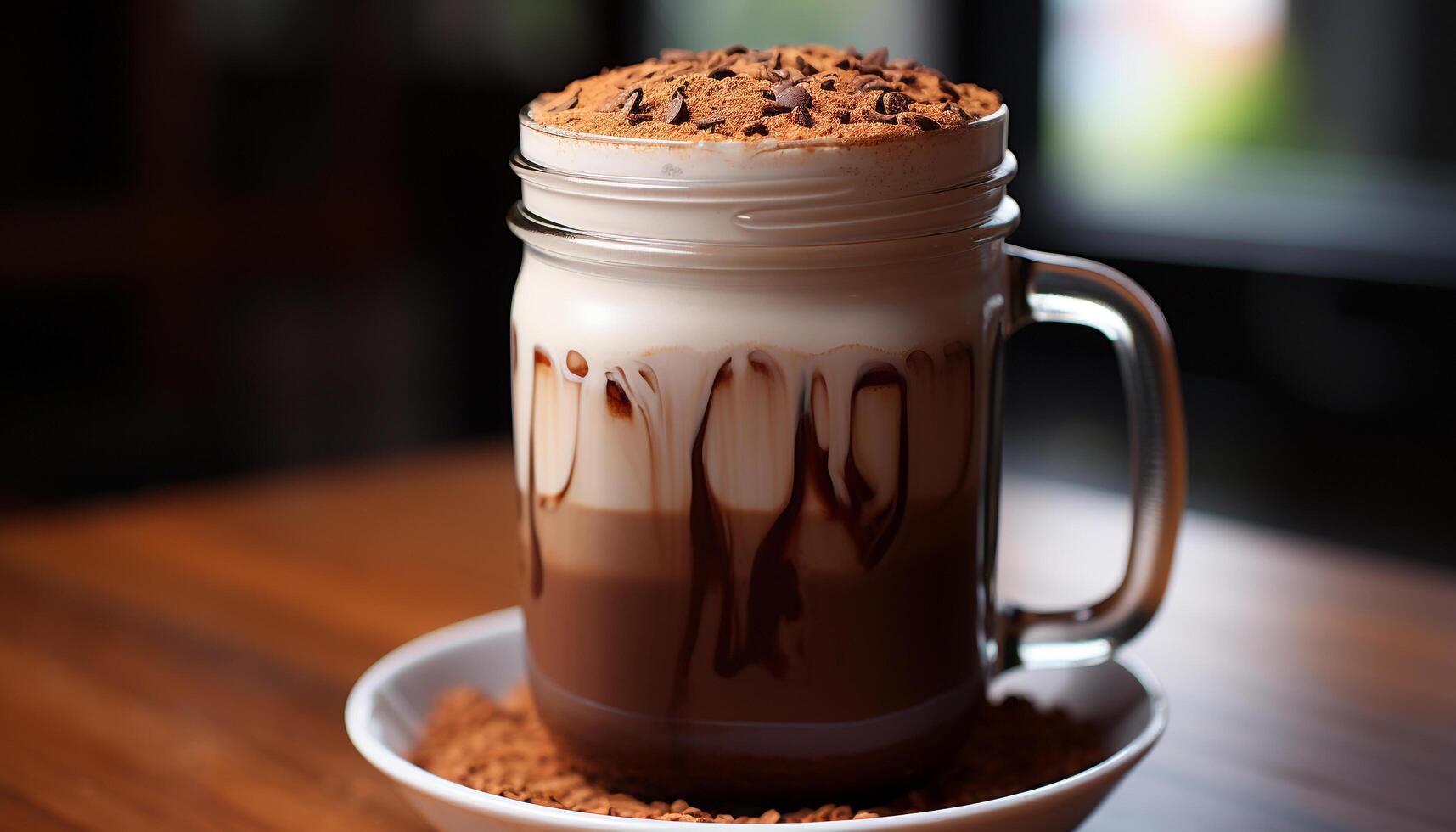 Freshly brewed coffee in a mug, topped with creamy whipped cream generated by AI photo