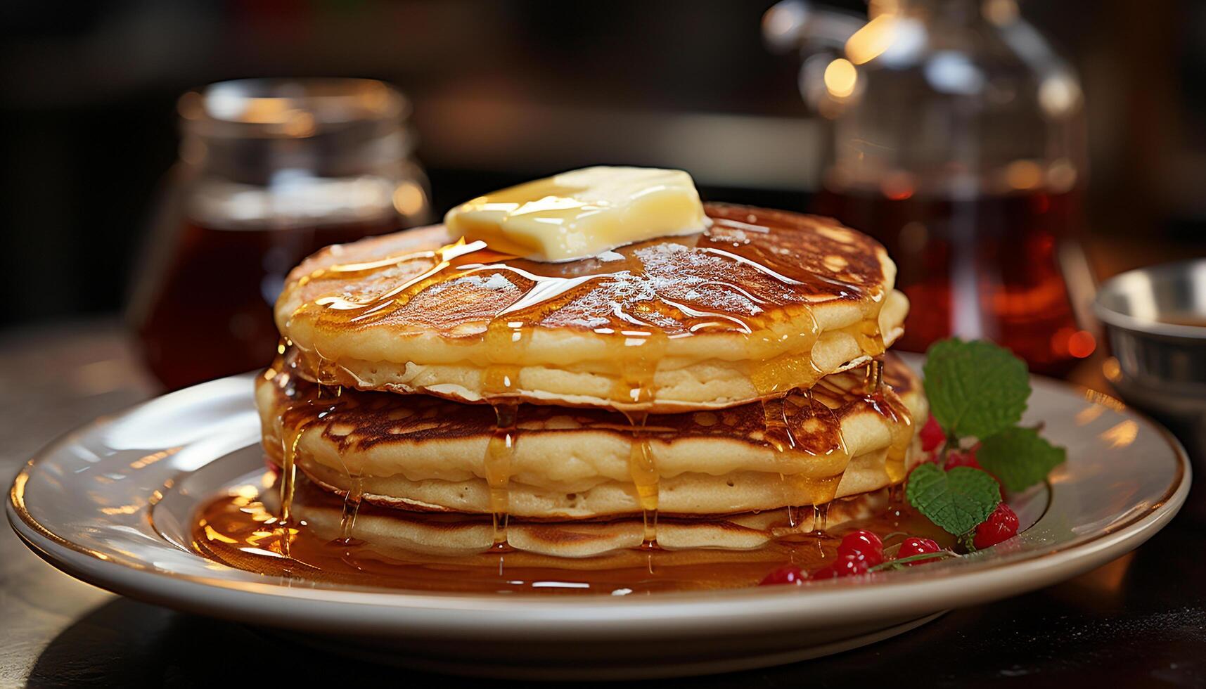 Stack of homemade pancakes with syrup, berries, and mint leaf generated by AI photo