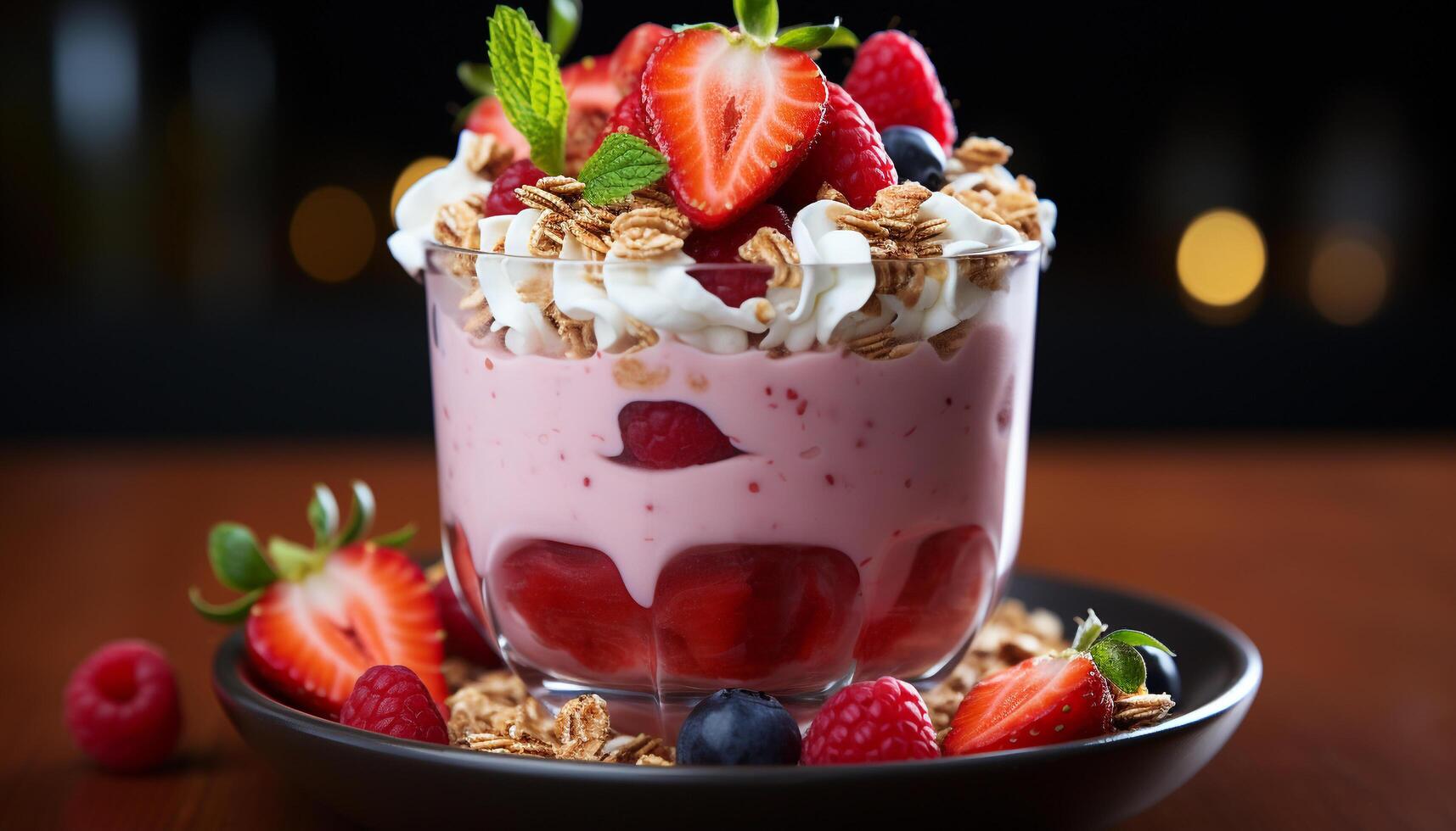 Freshness of summer berries in a healthy homemade yogurt parfait generated by AI photo