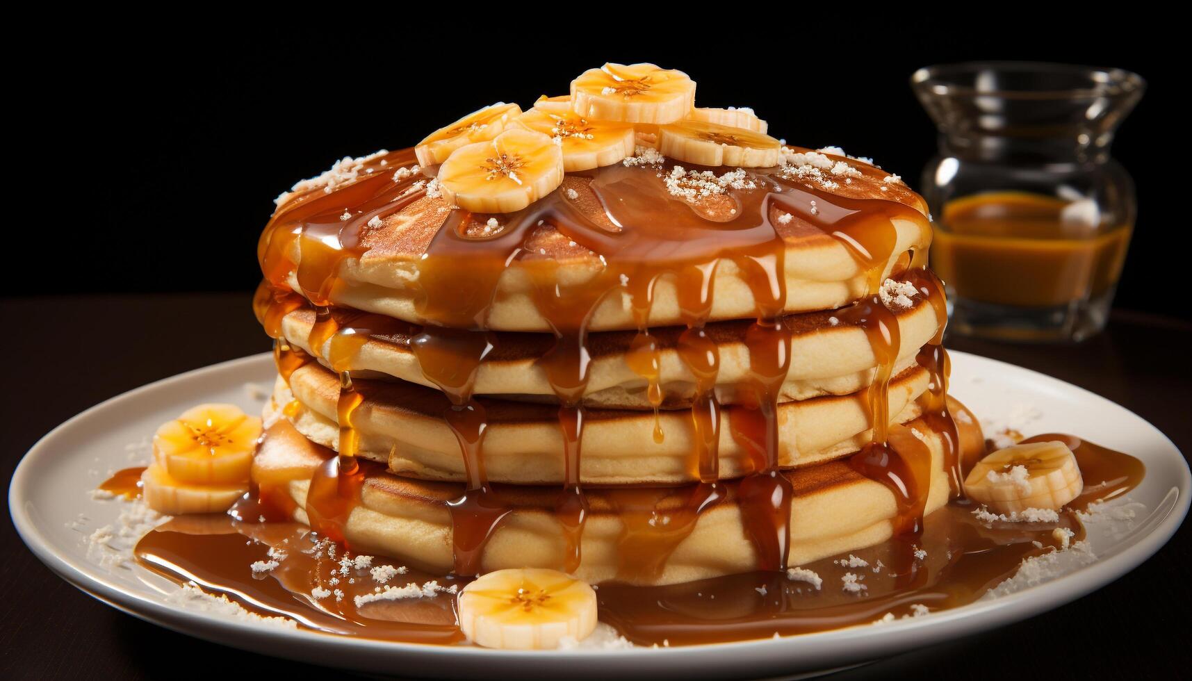 Freshly cooked pancakes stacked high with syrup and chocolate sauce generated by AI photo