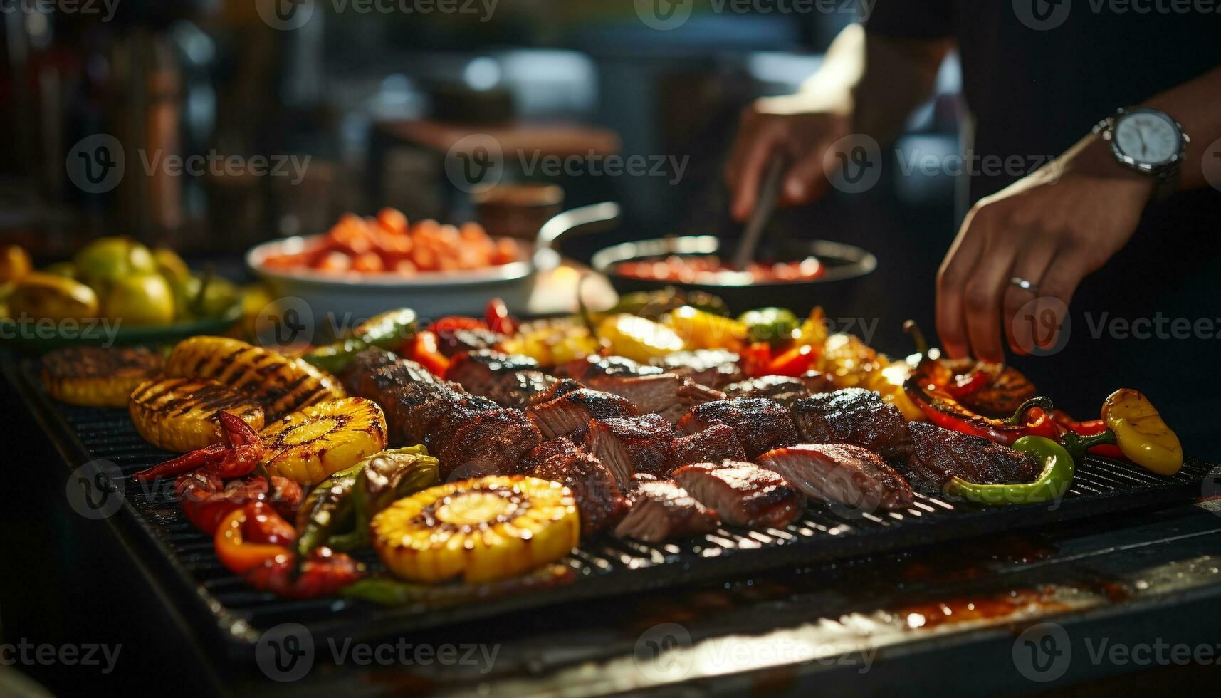 Grilled meat and vegetables on a coal barbecue, perfect for summer generated by AI photo