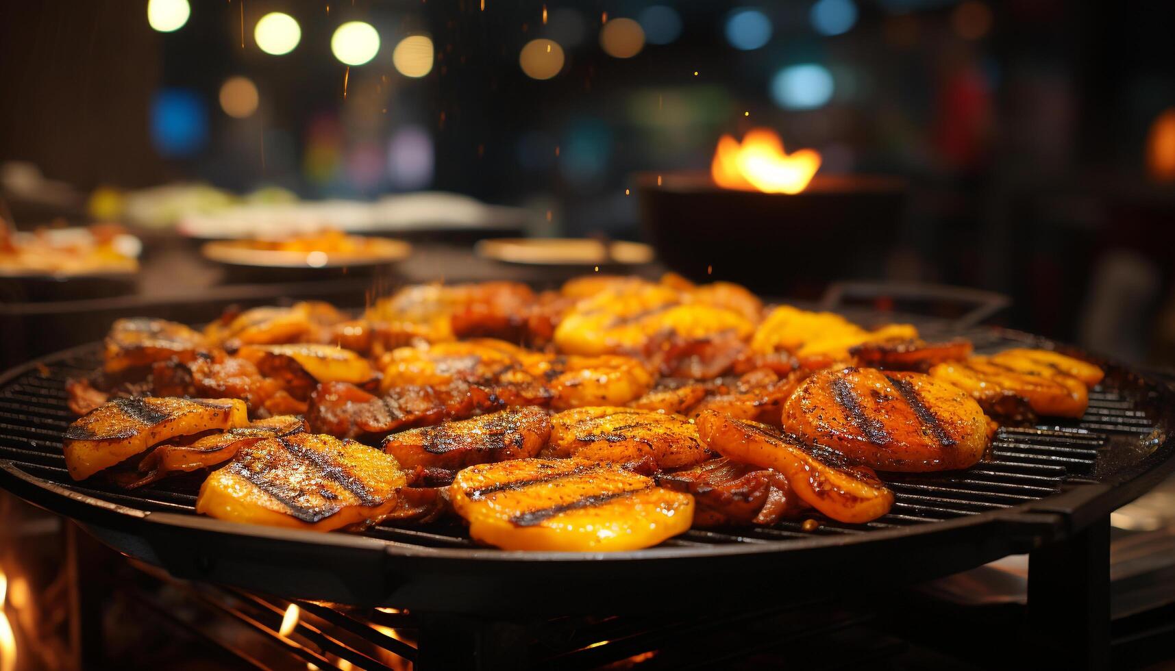 Grilled meat sizzles on the barbecue, a summer party delight generated by AI photo