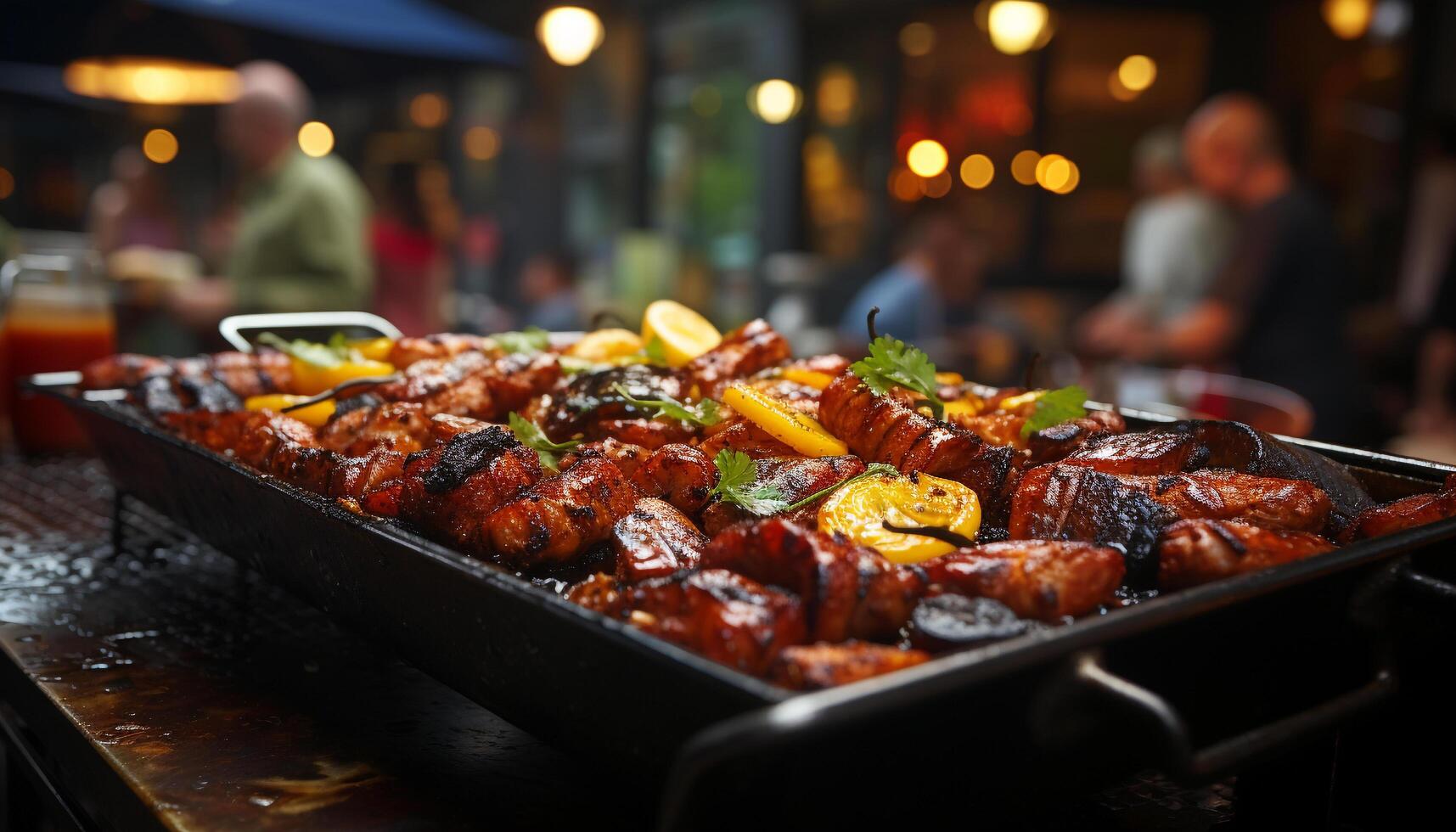 Grilled meat on a barbecue, cooking outdoors, gourmet meal, natural flame generated by AI photo