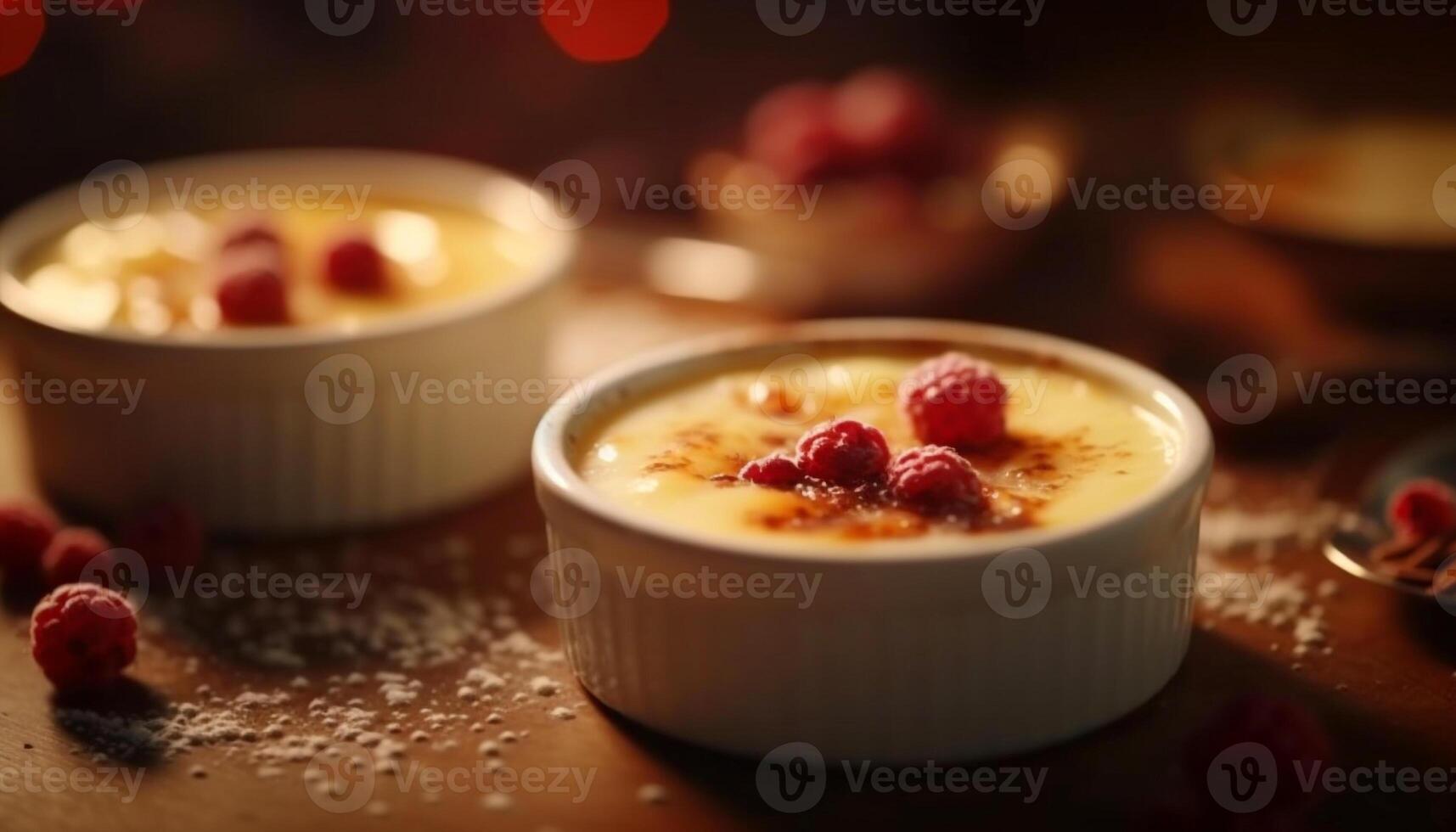 Raspberry dessert, fresh fruit mousse, homemade creme brulee, indulgent chocolate snack generated by AI photo