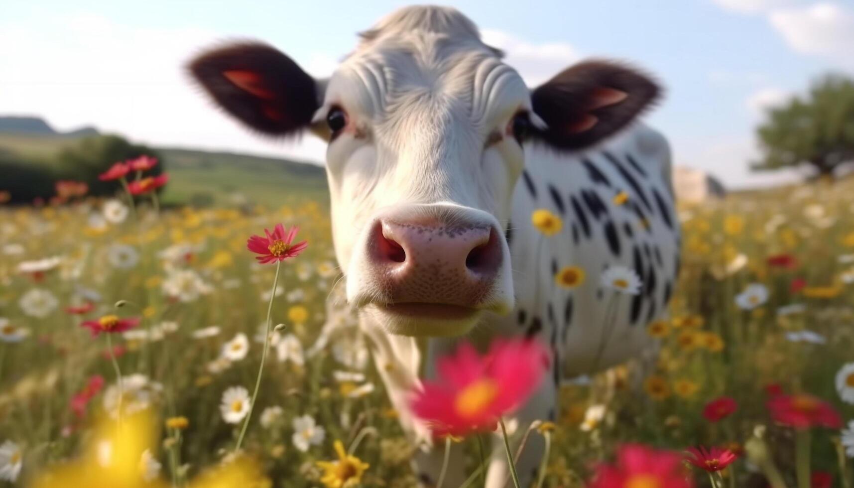 Cute cow grazing in a green meadow under the summer sun generated by AI photo