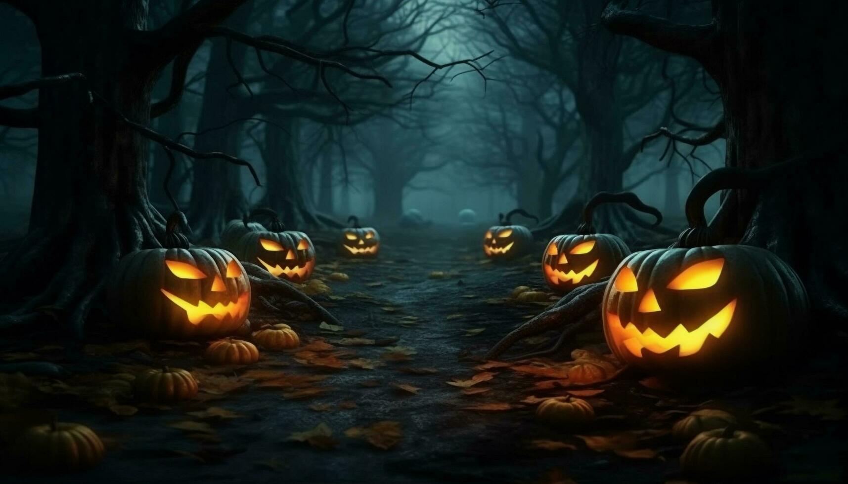 Halloween pumpkin glows, spooky night, evil forest, terrified faces generated by AI photo