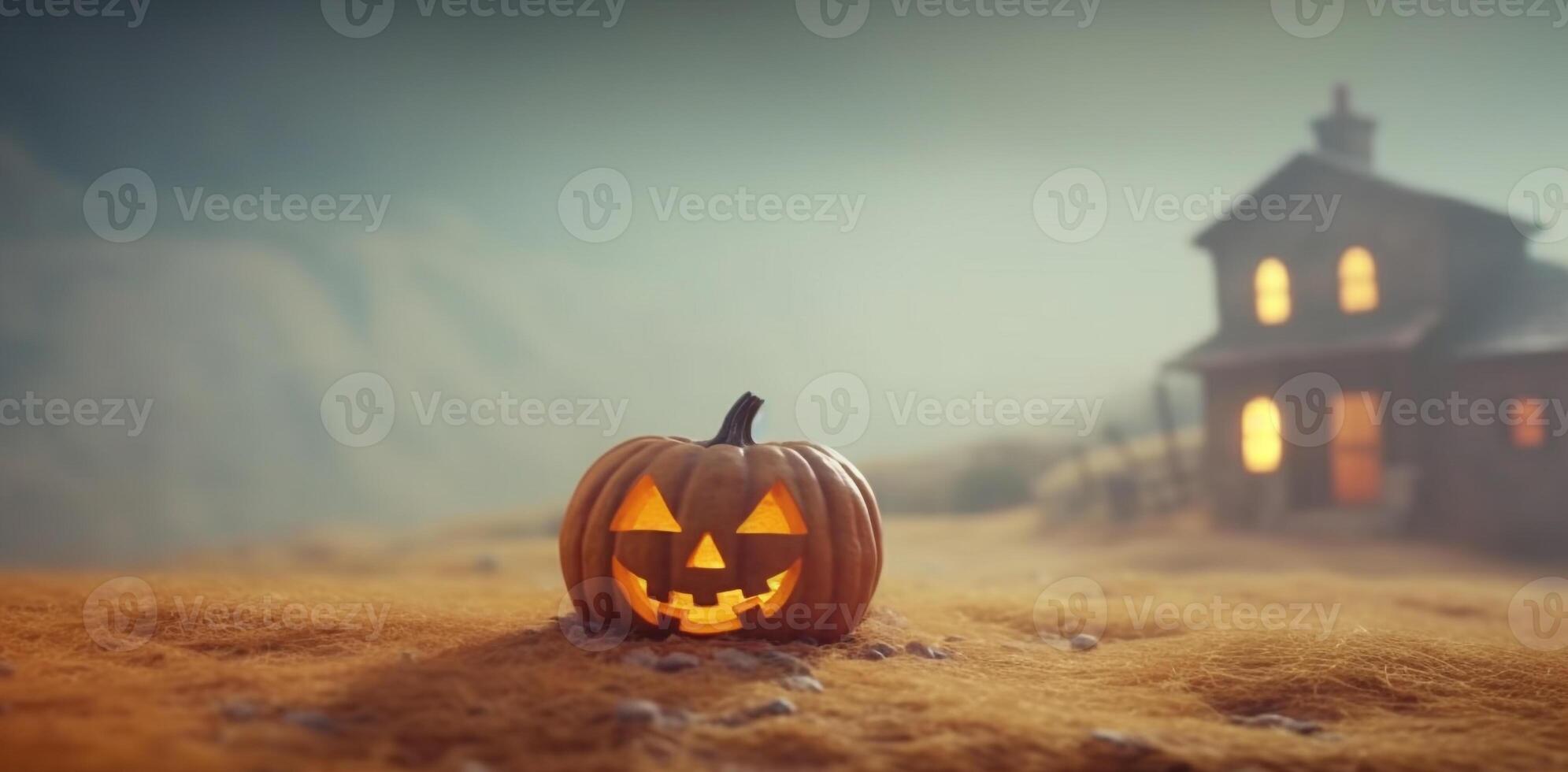 Spooky pumpkin lantern glows in dark autumn night, Halloween celebration generated by AI photo