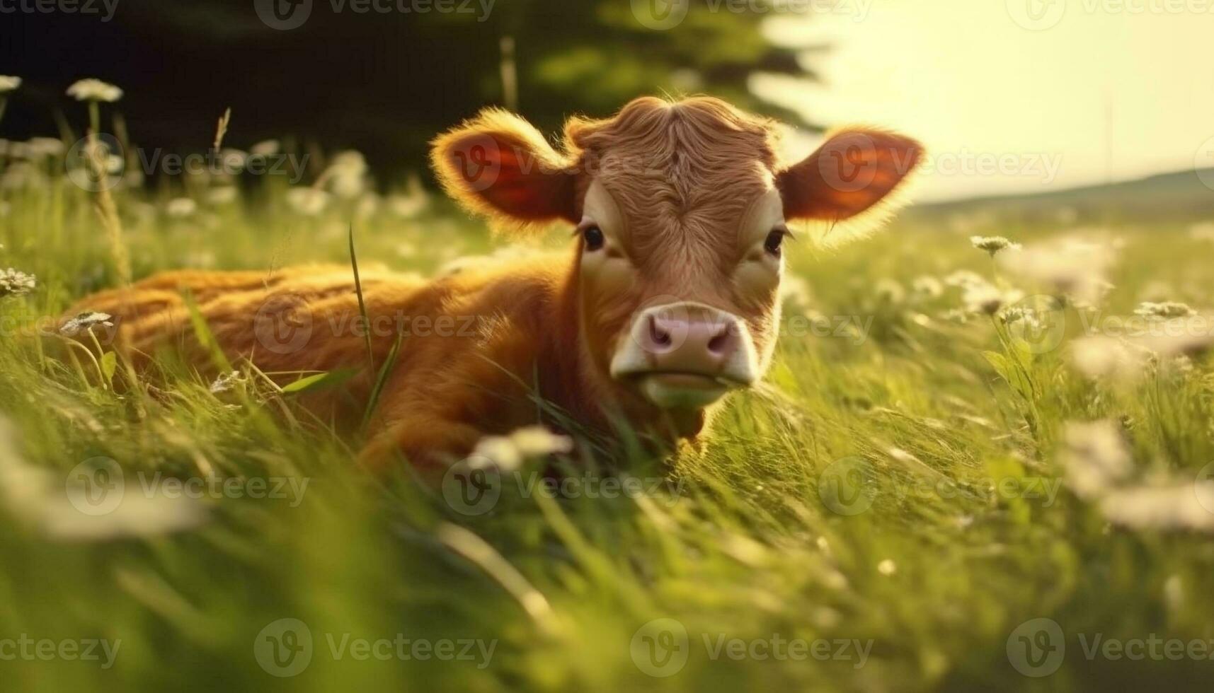 Cute cow grazing in green meadow, looking at camera generated by AI photo