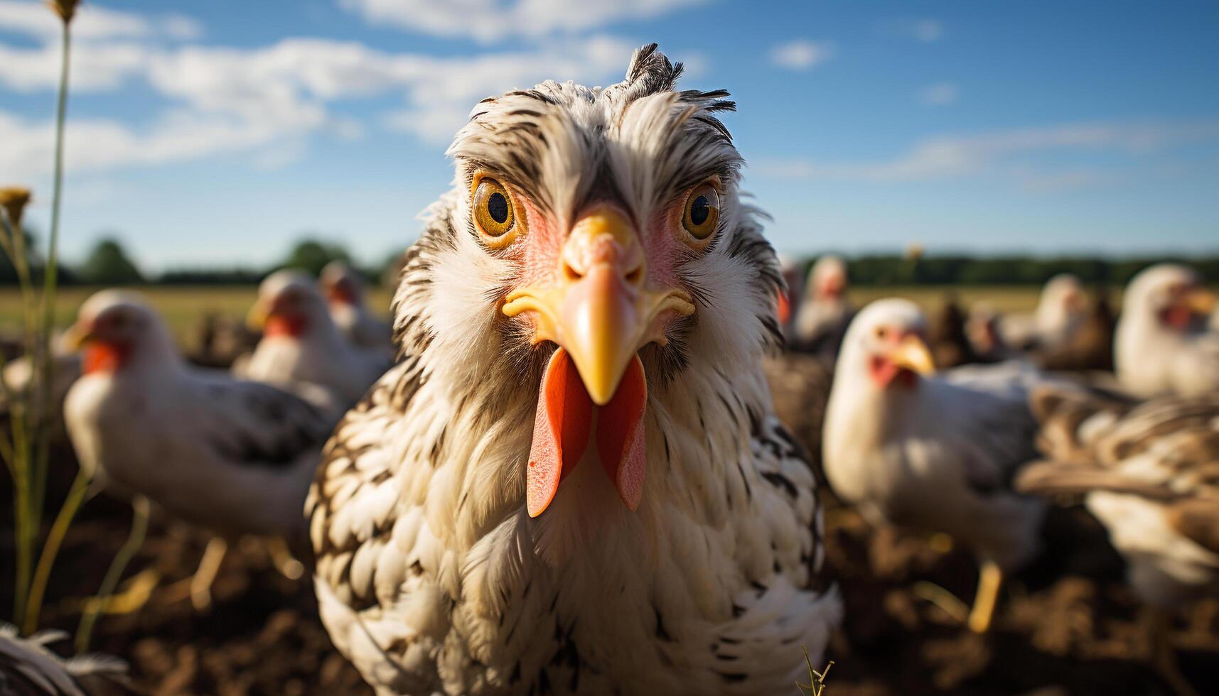A cute yellow chick looks at the camera on the farm generated by AI photo