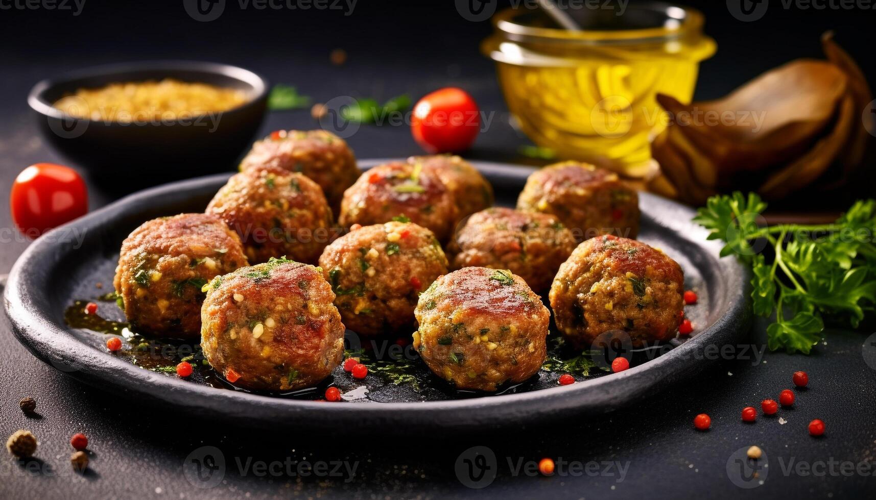 Freshness and spice on a wooden table, homemade meatball appetizer generated by AI photo
