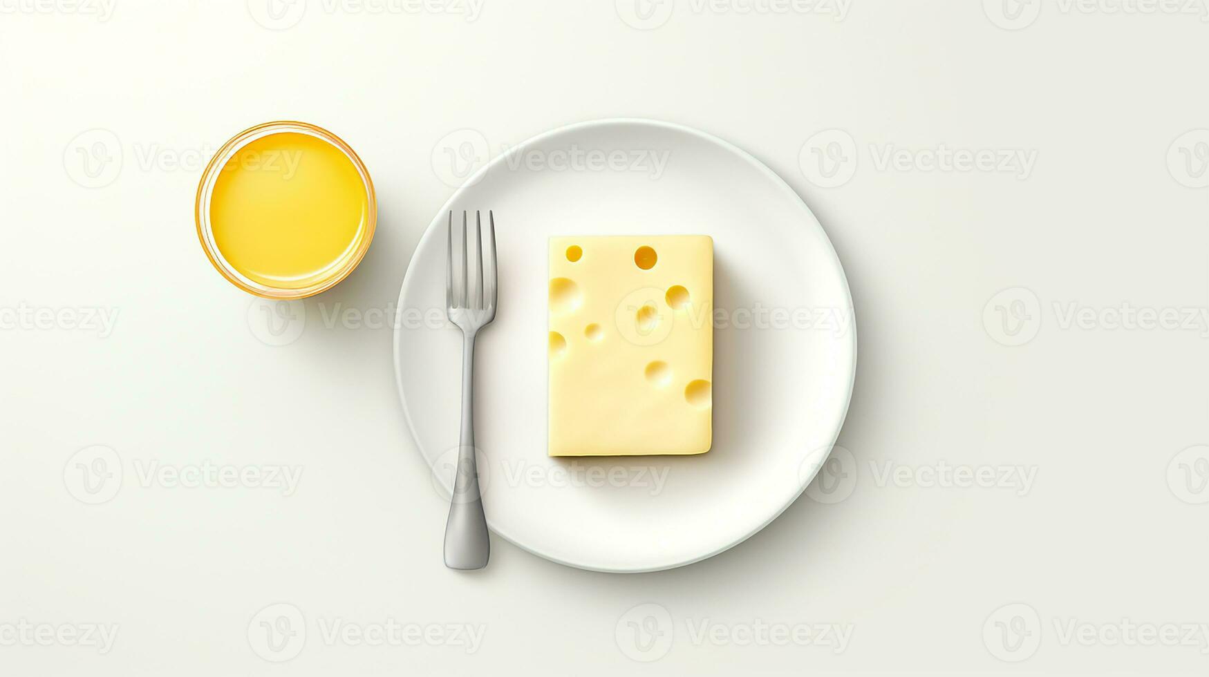 Minimalist photo of a slice of cheese on a white plate beside honey. Generative AI