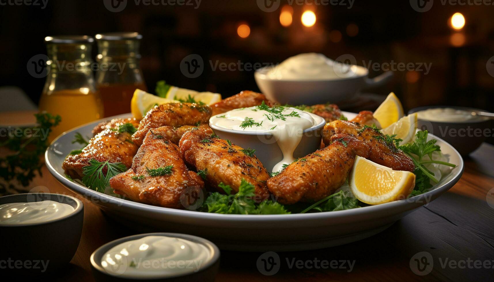 Grilled chicken wing on plate with fresh vegetable salad generated by AI photo