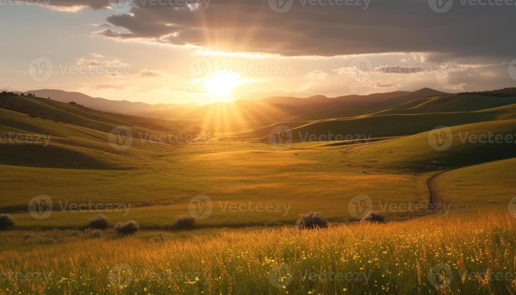 Vibrant sunset paints tranquil meadow, green grass, and rolling hills generated by AI photo