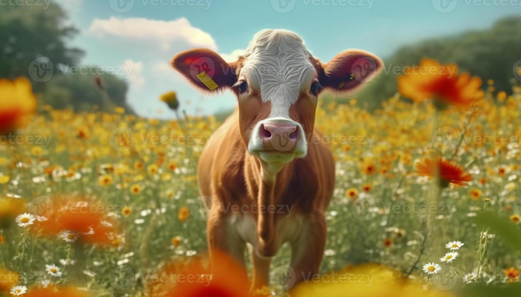 Cute cow grazing on green meadow, surrounded by beautiful flowers generated by AI photo