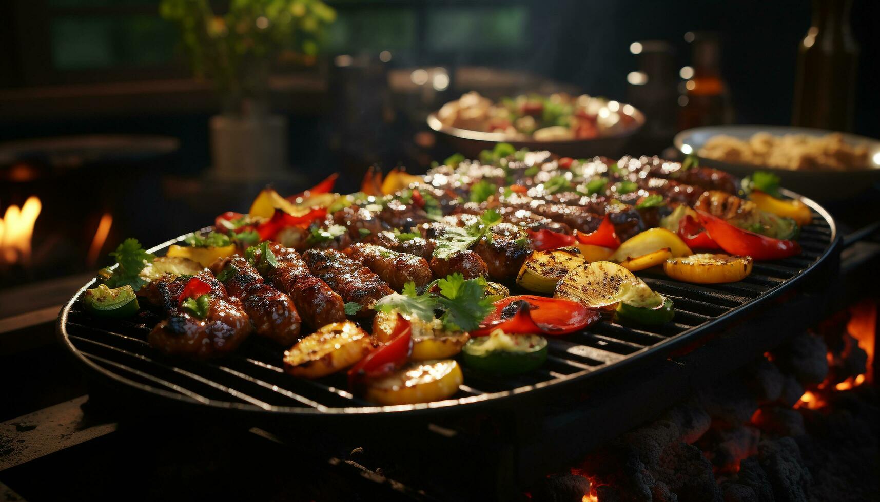 Grilled meat on skewer, cooked over coal, ready to eat freshness generated by AI photo