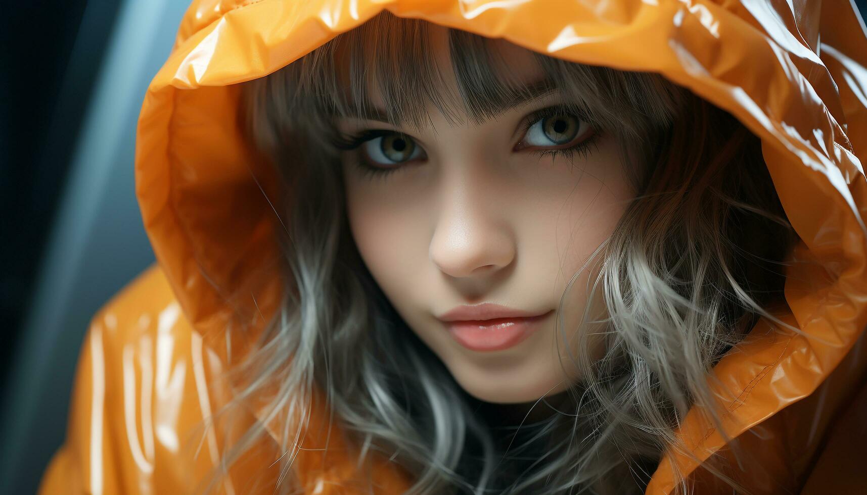 A beautiful young woman in the rain, looking at camera generated by AI photo