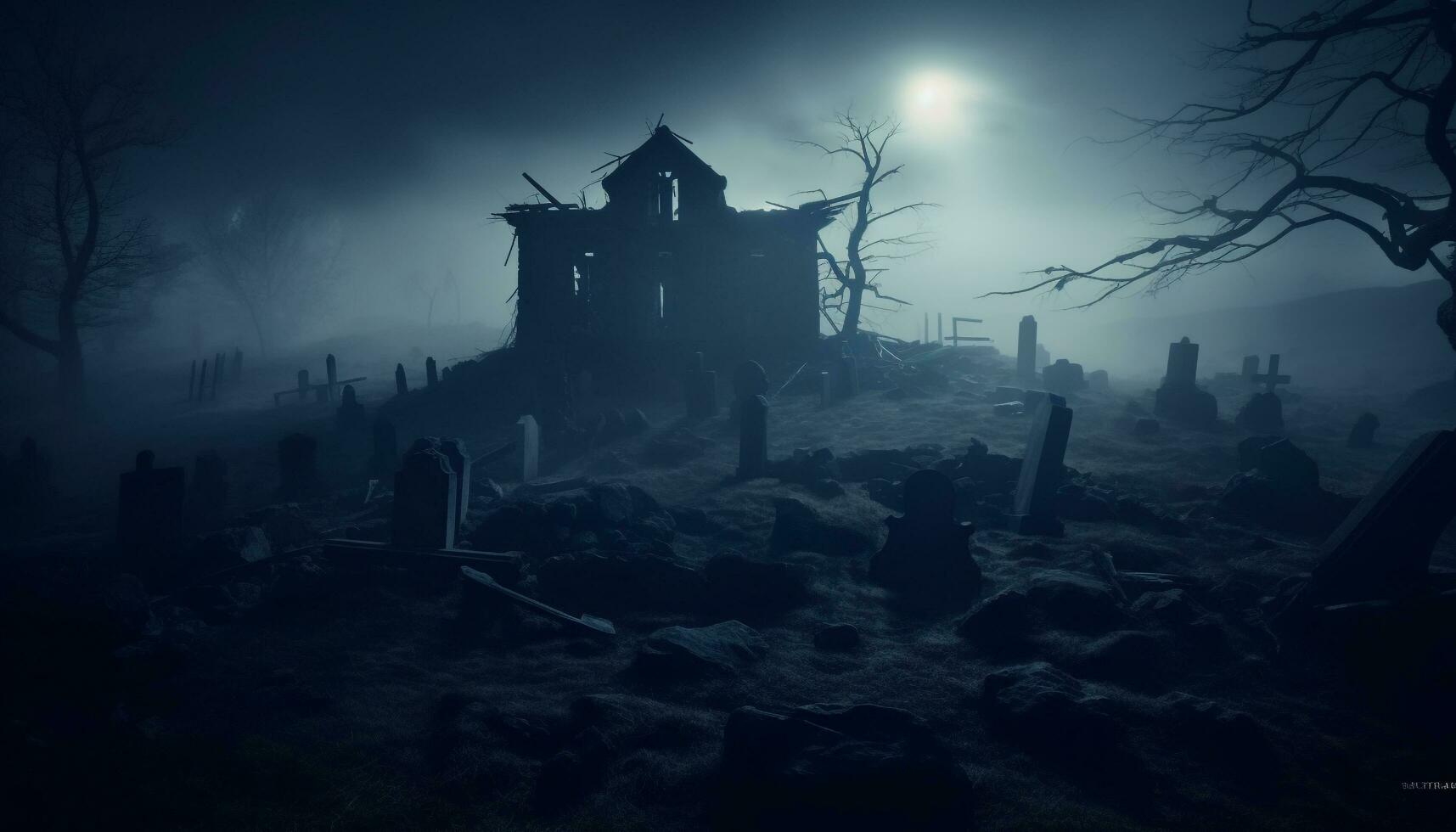 Spooky night, foggy tombstone, death silhouette, evil tree, abandoned ruin generated by AI photo