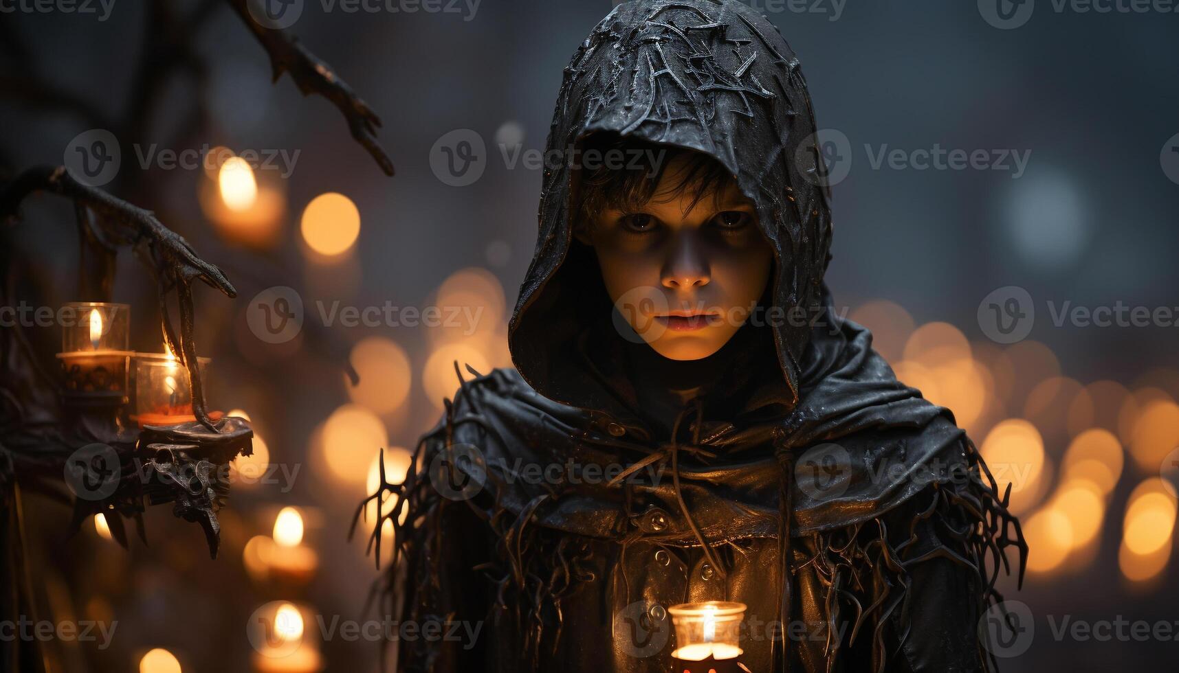 Christianity One person praying with candle in dark night generated by AI photo