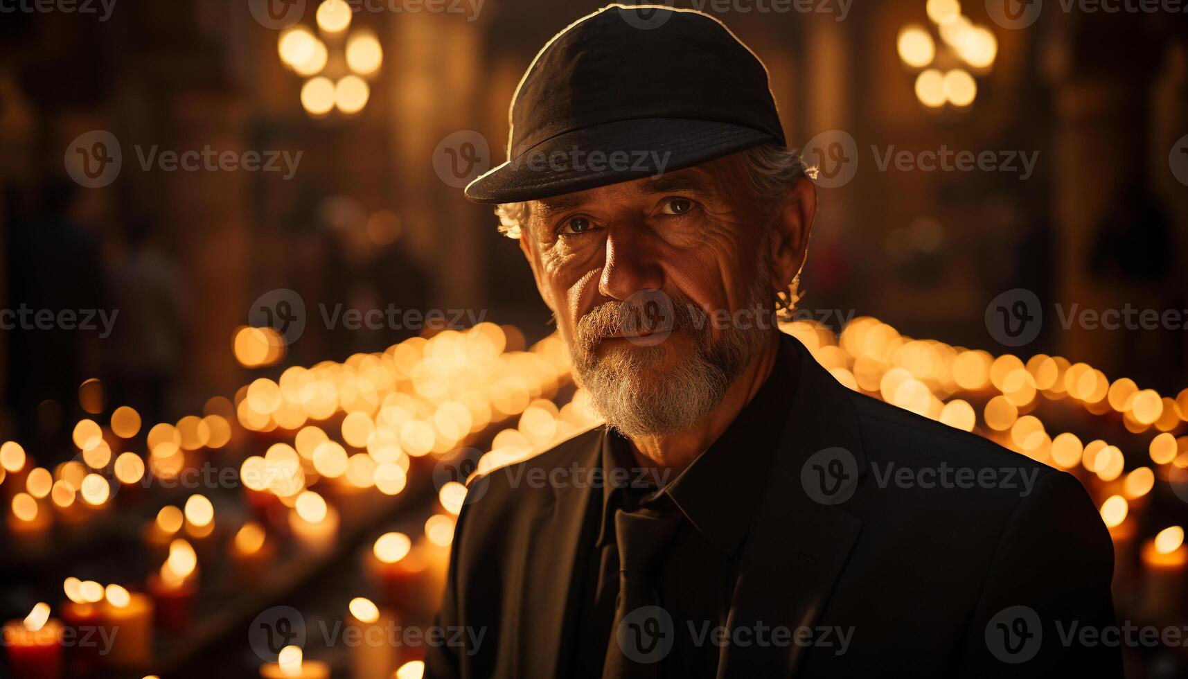 A confident senior man with gray hair celebrates outdoors at night generated by AI photo
