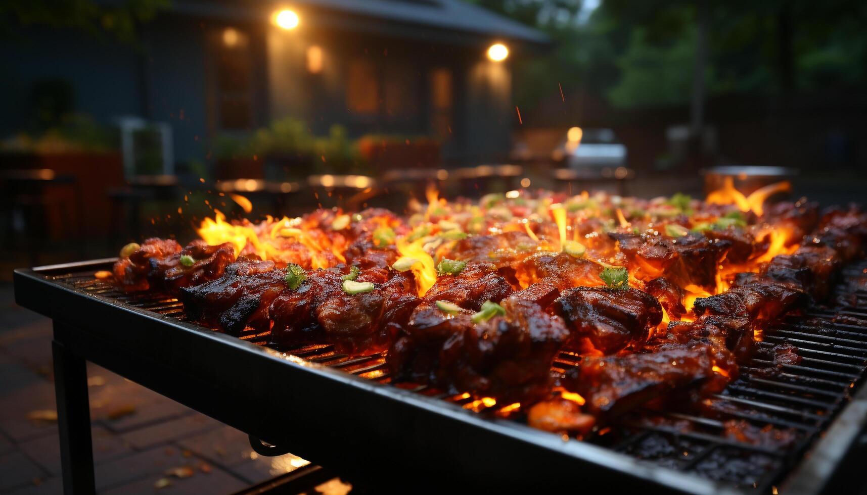 Flame grills meat, heat and smoke create gourmet outdoor meal generated