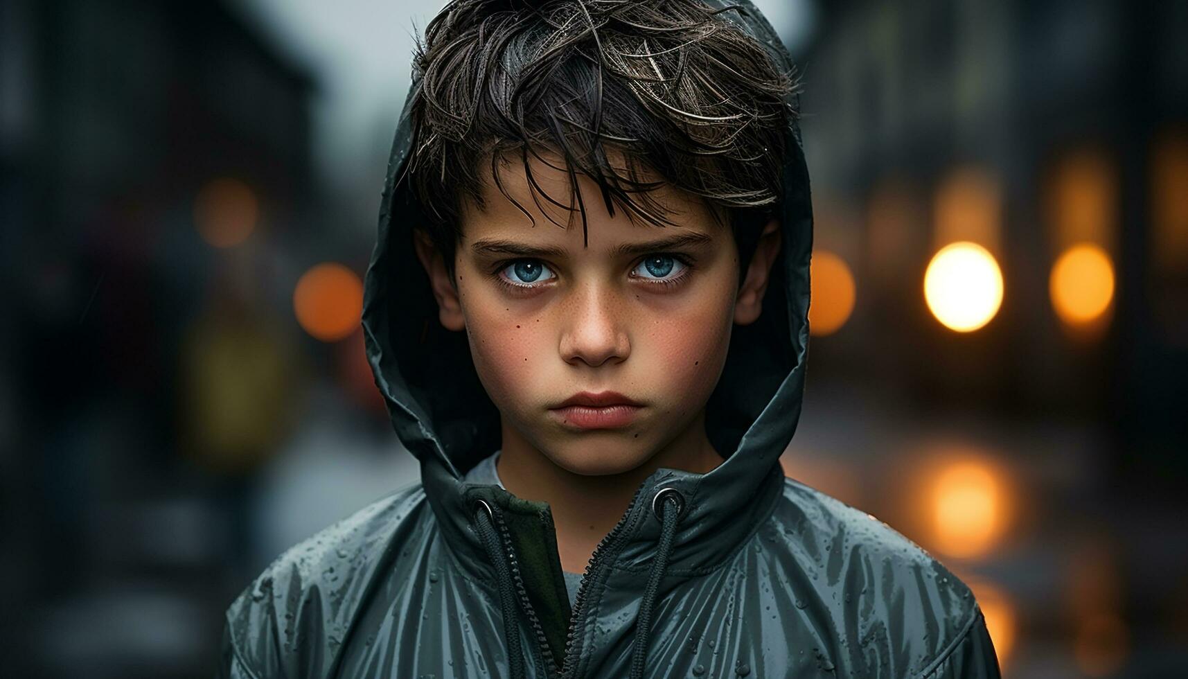 uno triste chico en el lluvia, mirando a el cámara generado por ai foto