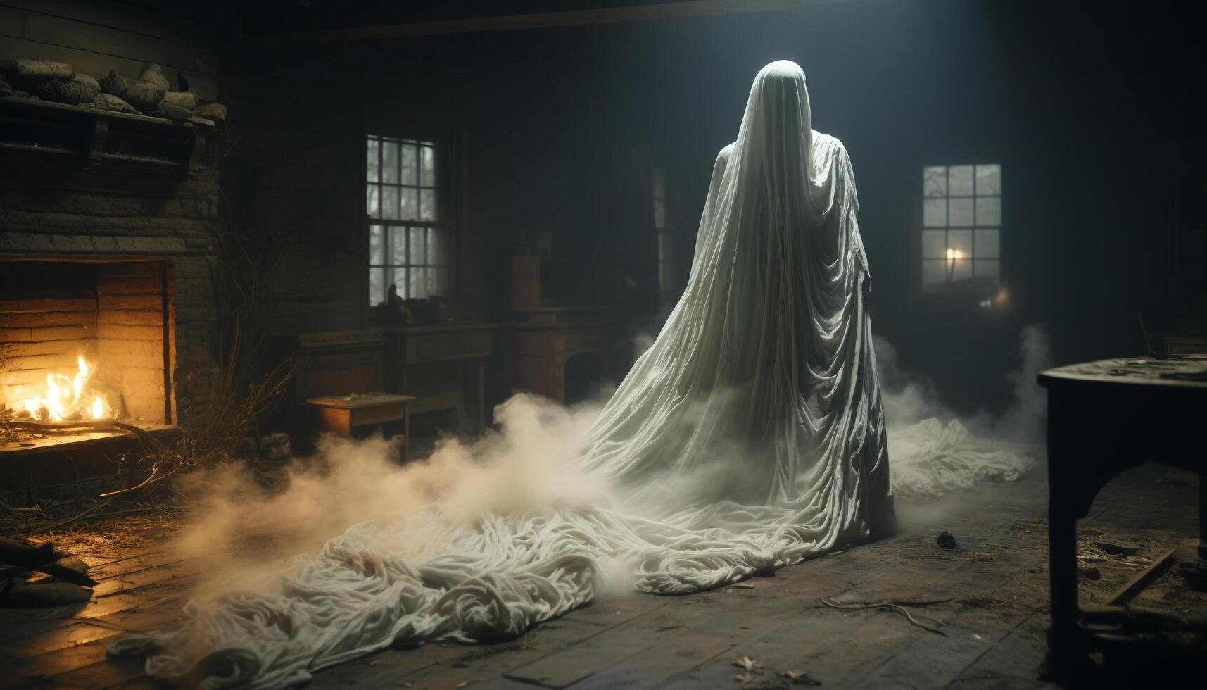 Spooky night, burning fire, old window, ghostly figure, abandoned home