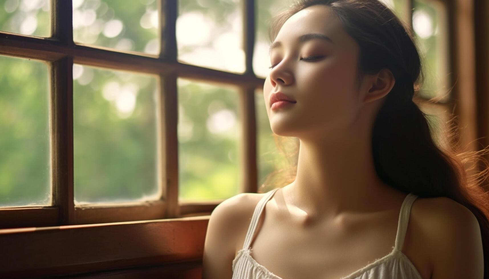 A young woman enjoying nature beauty, looking serene and relaxed generated by AI photo