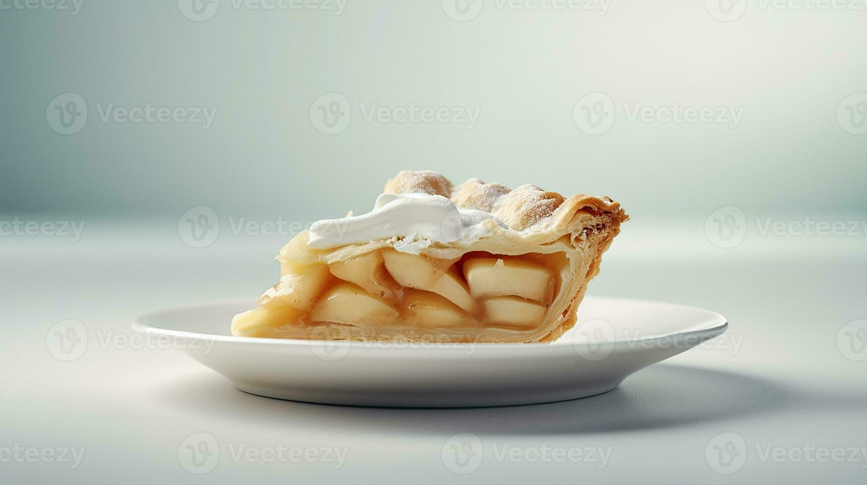 Photo of a slice of apple pie on a white plate. Generative AI