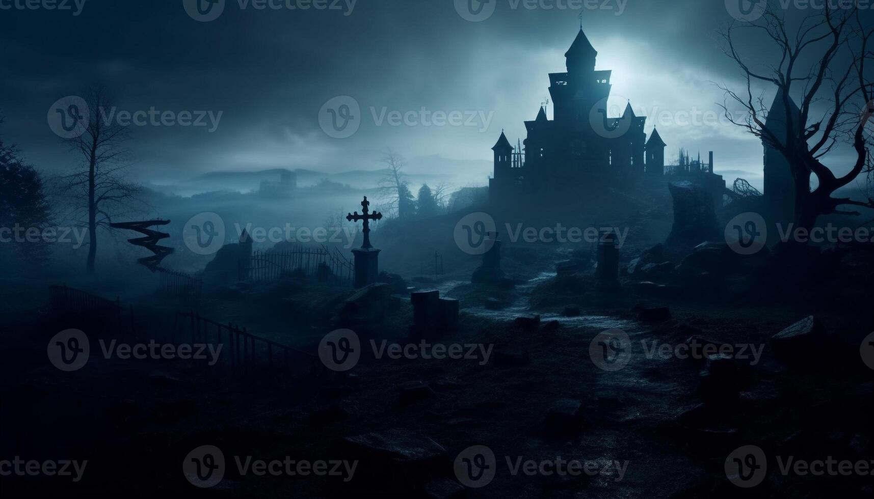 Spooky fog, dark night, mystery tombstone, evil tree, death silhouette generated by AI photo