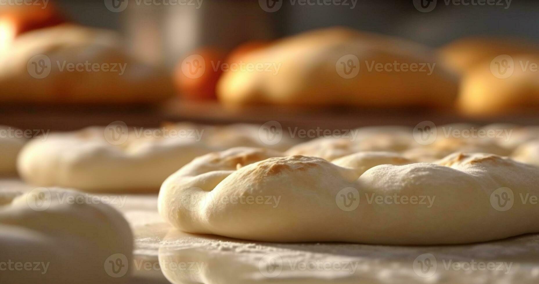 recién horneado un pan en de madera mesa, un hecho en casa rústico comida generado por ai foto