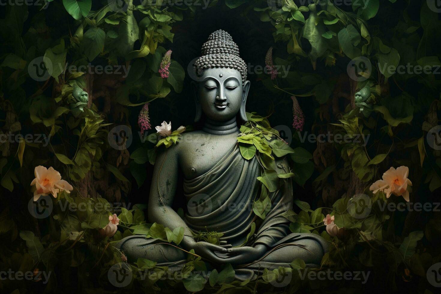 Buddha statue with lotus flower and green leaves background AI Generated photo