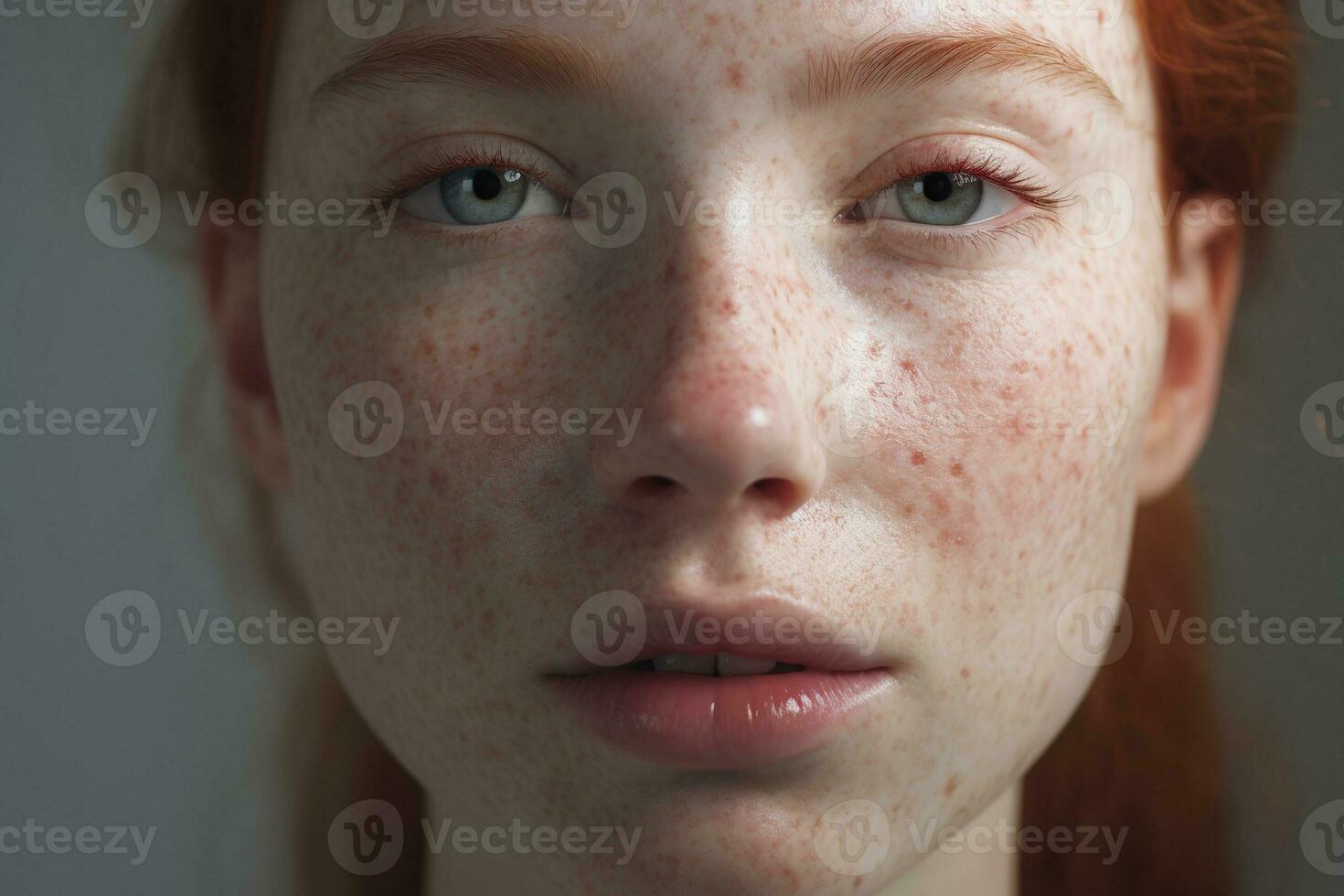 a close up of a woman with freckles AI generated photo