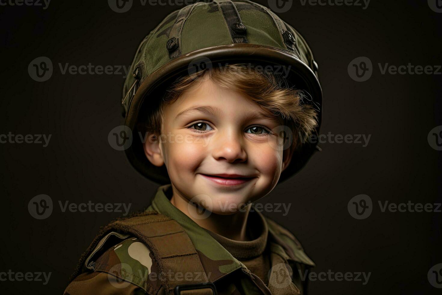 Portrait of a cute little boy in military uniform on dark background AI Generated photo