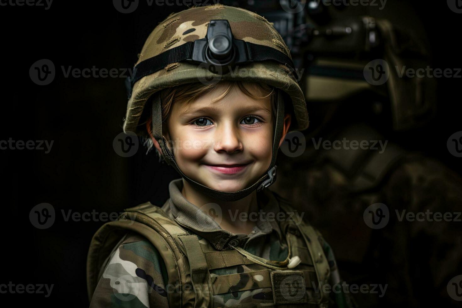 retrato de un linda pequeño chico en militar uniforme en oscuro antecedentes ai generado foto