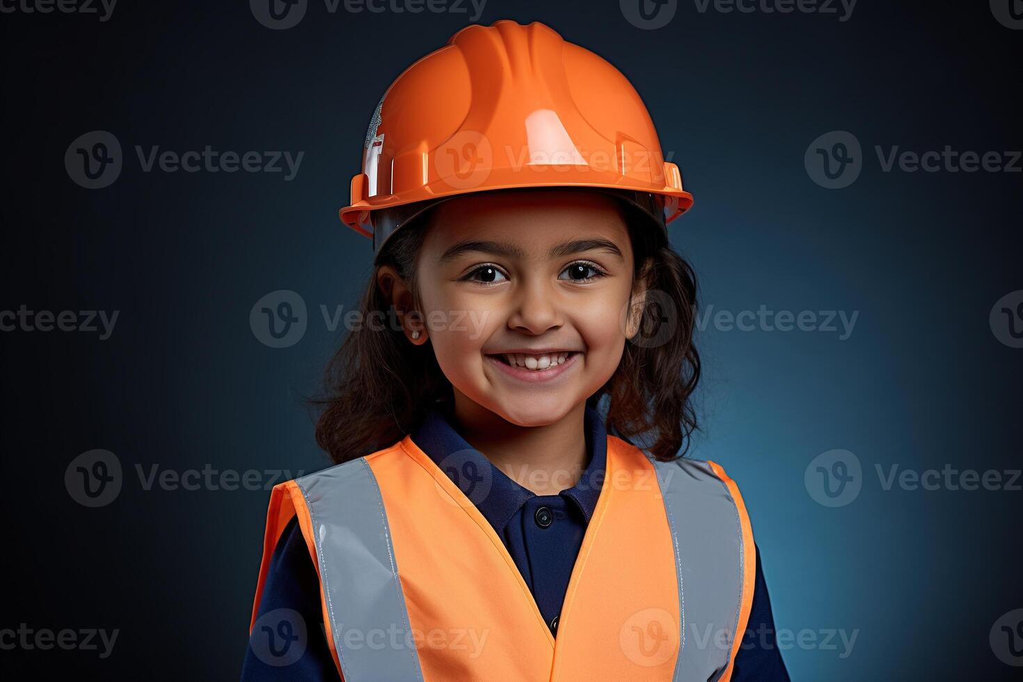Portrait of a smiling little girl in a construction helmet photo