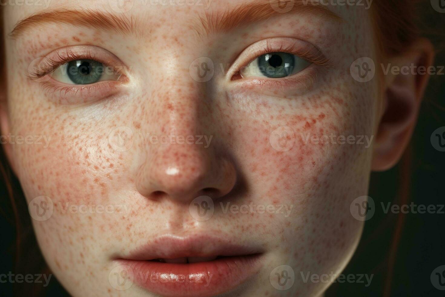 un cerca arriba de un mujer con pecas, rosácea cuperosis enrojecimiento piel ai generado foto