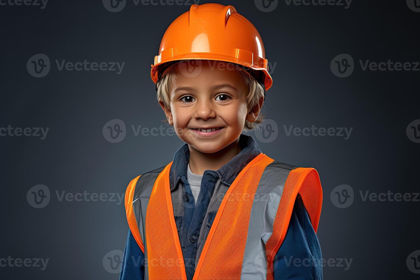 retrato de un linda pequeño chico en un construcción casco ai generado foto