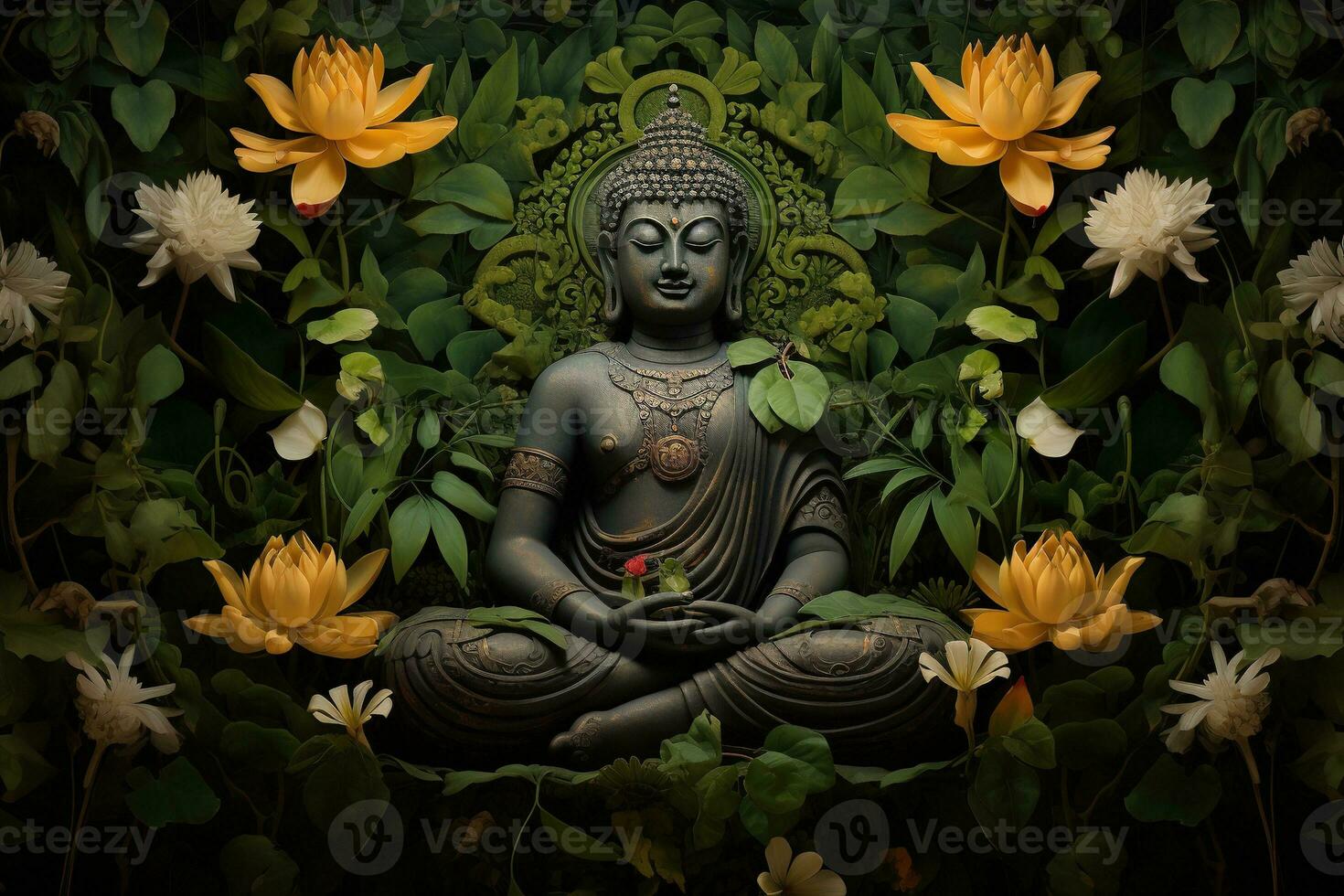 Buddha statue with lotus flower and green leaves background AI Generated photo