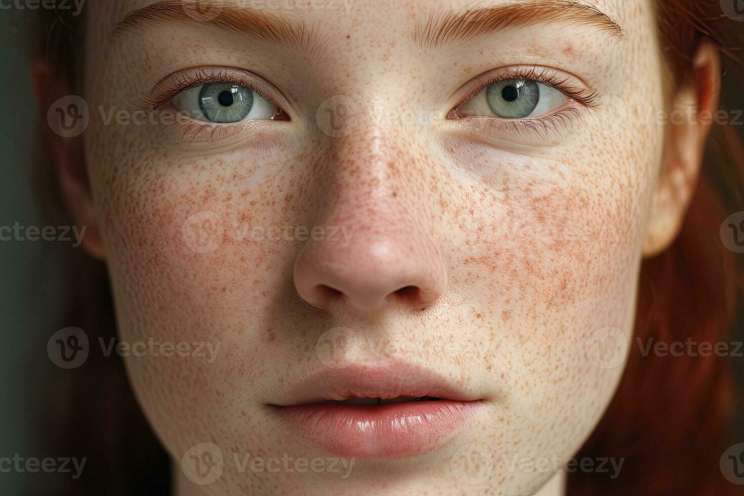 a close up of a woman with freckles,rosacea couperose redness skin AI generated photo